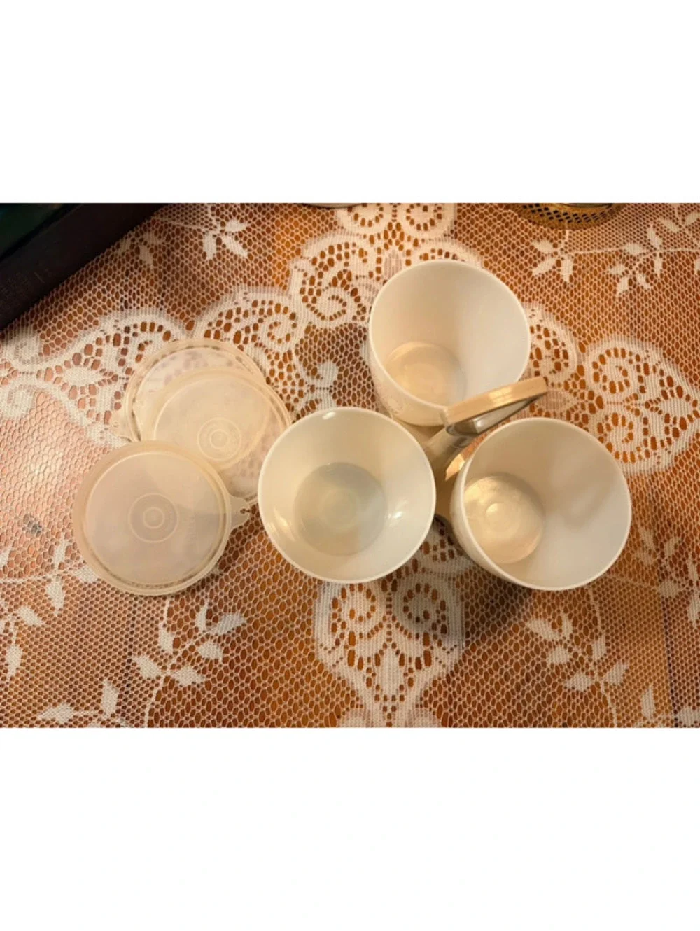 Vintage Tupperware 3 Bowl Condiment Caddy Carousel Tan Beige No Utensils